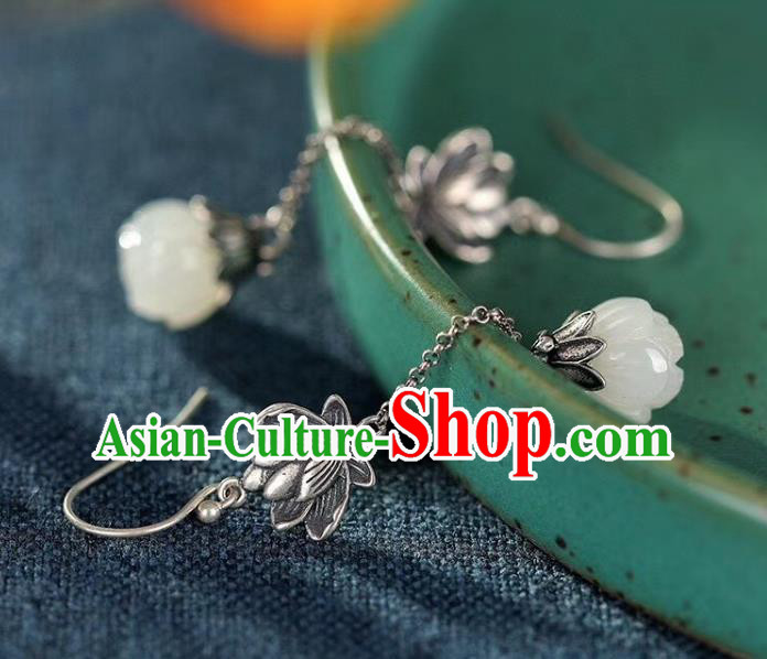 China Traditional Silver Ear Jewelry Accessories Classical Cheongsam Jade Lotus Earrings China Traditional Silver Ear Jewelry Accessories Classical Cheongsam Jade Lotus Earrings