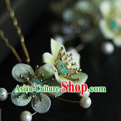 China Ancient Princess Green Silk Plum Hair Stick Traditional Ming Dynasty Hair Accessories Handmade Pearls Hairpin