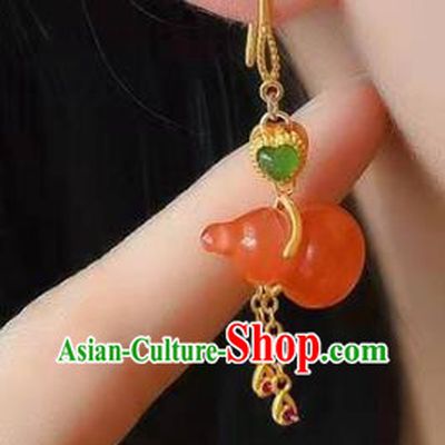 Handmade China Agate Gourd Earrings Traditional Golden Tassel Ear Jewelry Accessories