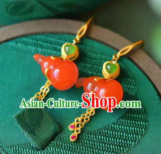 Handmade China Agate Gourd Earrings Traditional Golden Tassel Ear Jewelry Accessories Handmade China Agate Gourd Earrings Traditional Golden Tassel Ear Jewelry Accessories