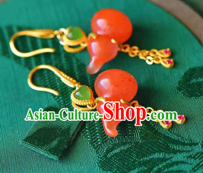 Handmade China Agate Gourd Earrings Traditional Golden Tassel Ear Jewelry Accessories Handmade China Agate Gourd Earrings Traditional Golden Tassel Ear Jewelry Accessories