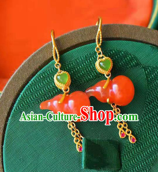 Handmade China Agate Gourd Earrings Traditional Golden Tassel Ear Jewelry Accessories Handmade China Agate Gourd Earrings Traditional Golden Tassel Ear Jewelry Accessories