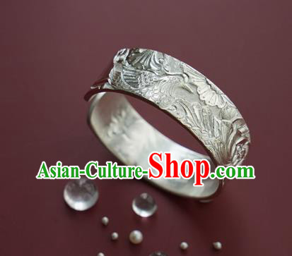 China Handmade Silver Bracelet Traditional National Carving Lotus Bangle Jewelry Accessories China Handmade Silver Bracelet Traditional National Carving Lotus Bangle Jewelry Accessories