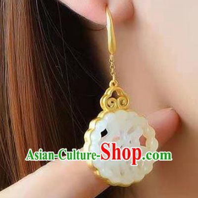 Handmade China Golden Cloud Ear Jewelry Accessories Traditional Cheongsam White Jade Lucky Earrings