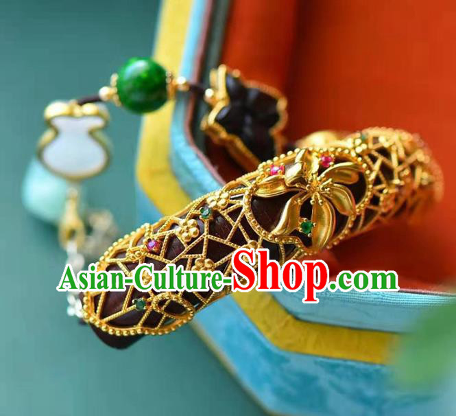 China Handmade Golden Lotus Bracelet Traditional Jewelry Accessories National Ebony Bangle China Handmade Golden Lotus Bracelet Traditional Jewelry Accessories National Ebony Bangle
