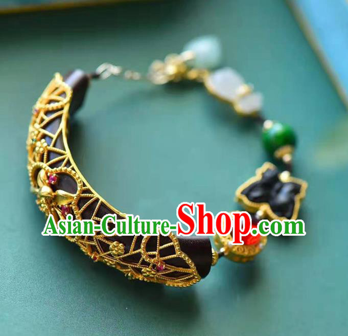 China Handmade Golden Lotus Bracelet Traditional Jewelry Accessories National Ebony Bangle China Handmade Golden Lotus Bracelet Traditional Jewelry Accessories National Ebony Bangle