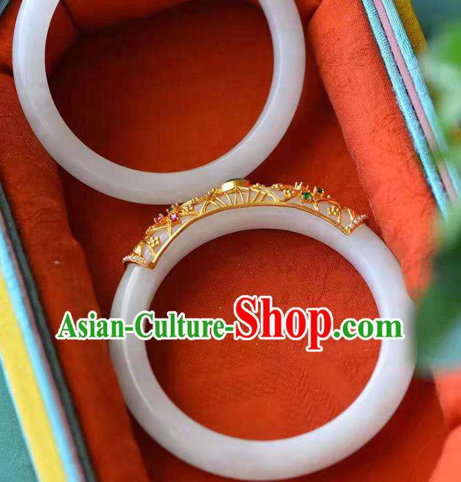 China Handmade Emerald Bracelet Traditional Jewelry Accessories National White Jade Bangle China Handmade Emerald Bracelet Traditional Jewelry Accessories National White Jade Bangle
