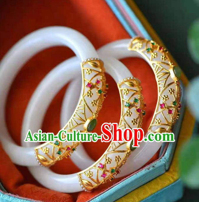China Handmade Emerald Bracelet Traditional Jewelry Accessories National White Jade Bangle China Handmade Emerald Bracelet Traditional Jewelry Accessories National White Jade Bangle