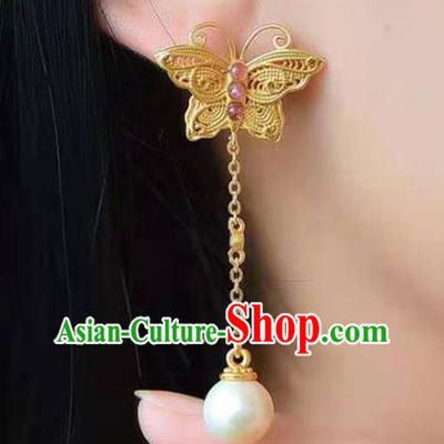 Handmade China Golden Butterfly Ear National Jewelry Accessories Traditional Cheongsam Tourmaline Pearl Earrings