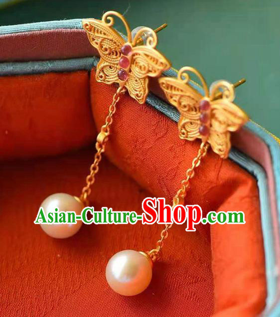 Handmade China Golden Butterfly Ear National Jewelry Accessories Traditional Cheongsam Tourmaline Pearl Earrings Handmade China Golden Butterfly Ear National Jewelry Accessories Traditional Cheongsam Tourmaline Pearl Earrings