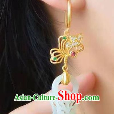 Handmade China Jade Basket Ear National Jewelry Accessories Traditional Cheongsam Golden Butterfly Earrings
