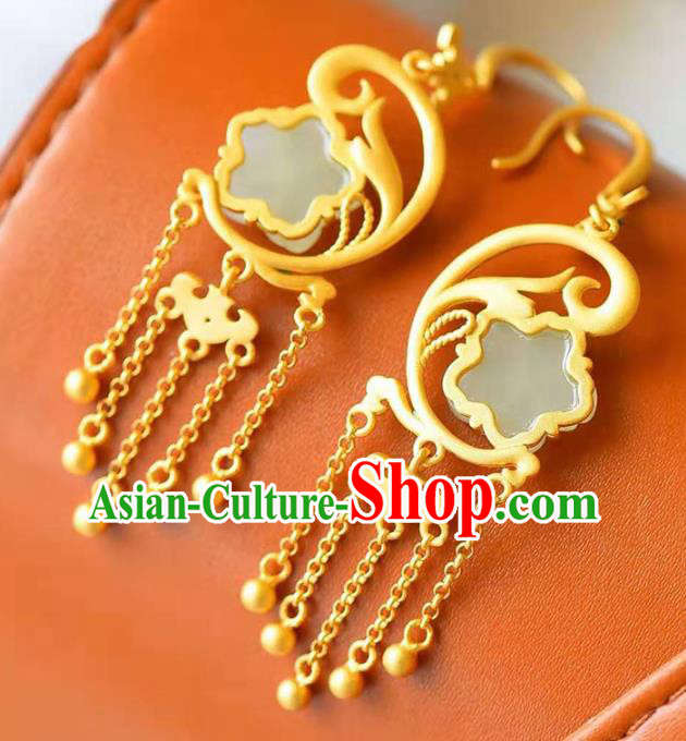 Handmade China Jade Plum Ear National Jewelry Accessories Traditional Cheongsam Golden Tassel Earrings