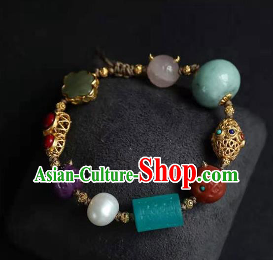 China Handmade Jadeite Pearl Bracelet Traditional Jewelry Accessories National Agate Gourd Bangle China Handmade Jadeite Pearl Bracelet Traditional Jewelry Accessories National Agate Gourd Bangle