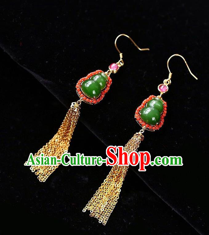 Handmade China Golden Tassel Ear National Jewelry Accessories Traditional Cheongsam Jade Gourd Earrings Handmade China Golden Tassel Ear National Jewelry Accessories Traditional Cheongsam Jade Gourd Earrings