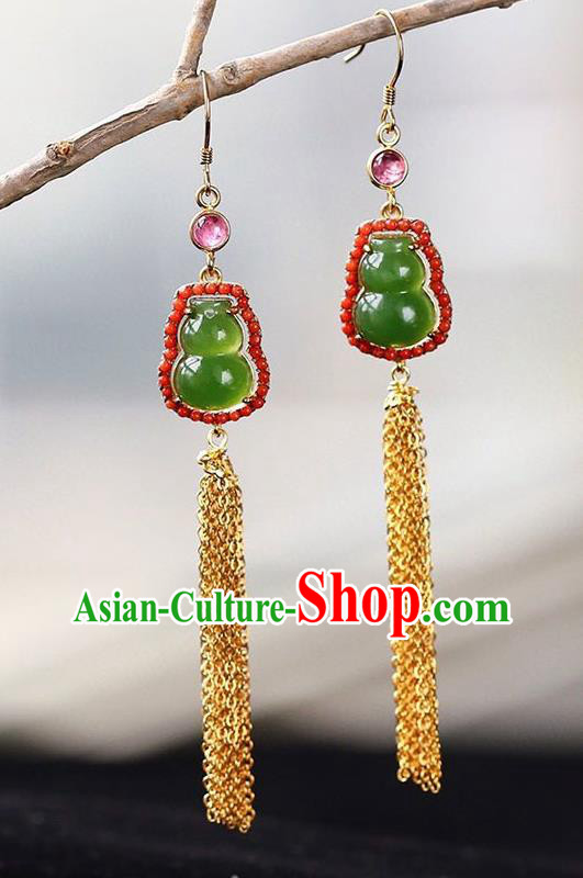 Handmade China Golden Tassel Ear National Jewelry Accessories Traditional Cheongsam Jade Gourd Earrings Handmade China Golden Tassel Ear National Jewelry Accessories Traditional Cheongsam Jade Gourd Earrings