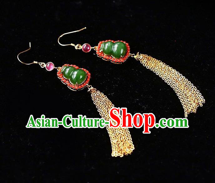 Handmade China Golden Tassel Ear National Jewelry Accessories Traditional Cheongsam Jade Gourd Earrings Handmade China Golden Tassel Ear National Jewelry Accessories Traditional Cheongsam Jade Gourd Earrings