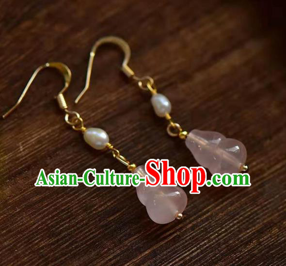 Handmade China Rose Quartz Gourd Ear National Jewelry Accessories Traditional Cheongsam Pearl Earrings Handmade China Rose Quartz Gourd Ear National Jewelry Accessories Traditional Cheongsam Pearl Earrings