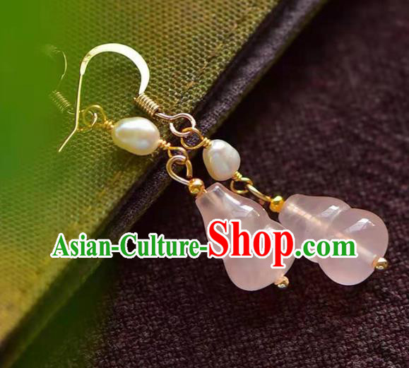 Handmade China Rose Quartz Gourd Ear National Jewelry Accessories Traditional Cheongsam Pearl Earrings Handmade China Rose Quartz Gourd Ear National Jewelry Accessories Traditional Cheongsam Pearl Earrings