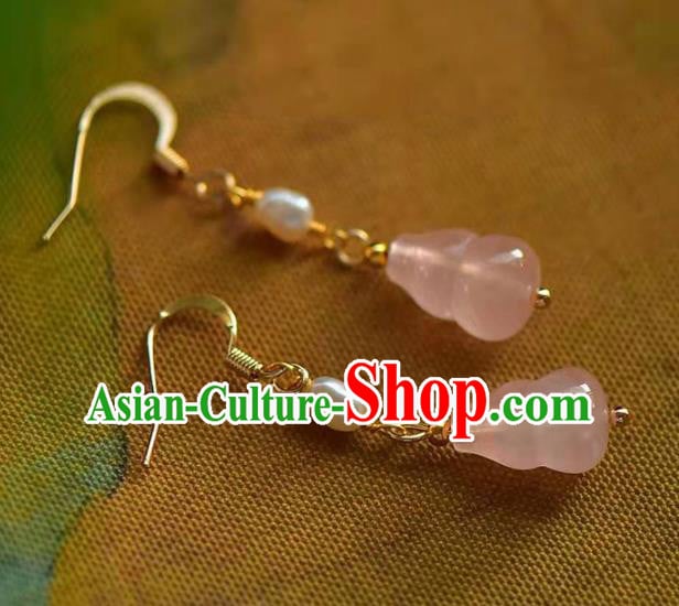 Handmade China Rose Quartz Gourd Ear National Jewelry Accessories Traditional Cheongsam Pearl Earrings Handmade China Rose Quartz Gourd Ear National Jewelry Accessories Traditional Cheongsam Pearl Earrings