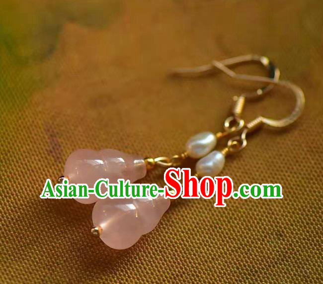 Handmade China Rose Quartz Gourd Ear National Jewelry Accessories Traditional Cheongsam Pearl Earrings Handmade China Rose Quartz Gourd Ear National Jewelry Accessories Traditional Cheongsam Pearl Earrings