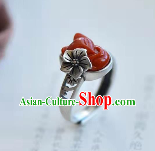 China National Agate Carving Fox Ring Jewelry Traditional Handmade Silver Circlet Accessories China National Agate Carving Fox Ring Jewelry Traditional Handmade Silver Circlet Accessories