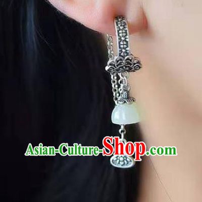 Handmade China Jade Lotus Seedpod Ear National Jewelry Accessories Traditional Cheongsam Silver Earrings