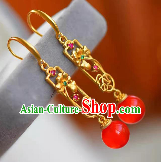 Handmade China Red Bead Ear National Jewelry Accessories Traditional Cheongsam Golden Earrings