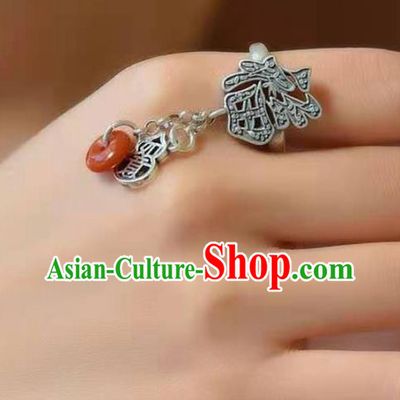 China National Agate Peace Buckle Ring Jewelry Traditional Handmade Silver Circlet Accessories