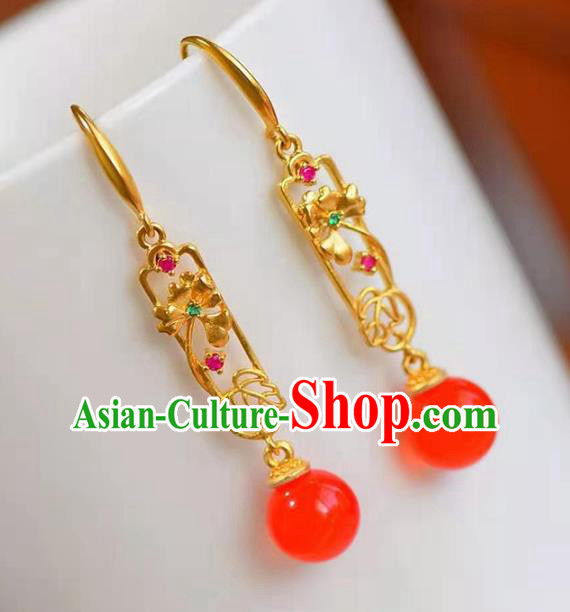 Handmade China Red Bead Ear National Jewelry Accessories Traditional Cheongsam Golden Earrings