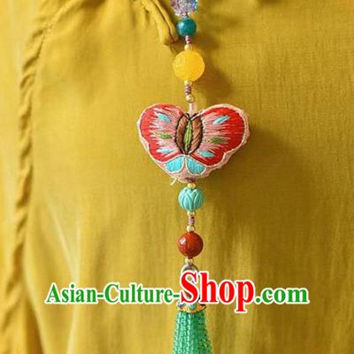 Chinese Classical Green Beads Tassel Necklace National Handmade Embroidered Butterfly Brooch Jewelry Accessories Pendant