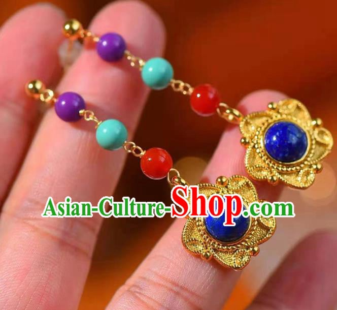 Handmade China Golden Ear National Jewelry Accessories Traditional Cheongsam Lapis Earrings Handmade China Golden Ear National Jewelry Accessories Traditional Cheongsam Lapis Earrings