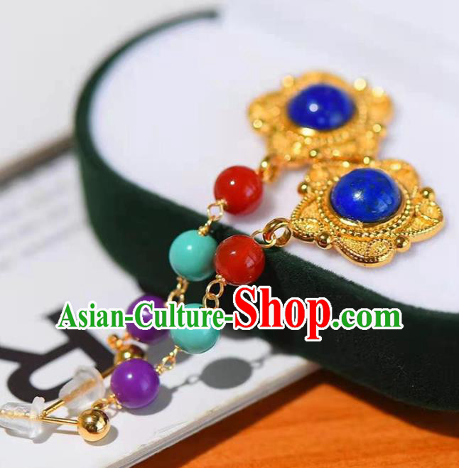 Handmade China Golden Ear National Jewelry Accessories Traditional Cheongsam Lapis Earrings Handmade China Golden Ear National Jewelry Accessories Traditional Cheongsam Lapis Earrings
