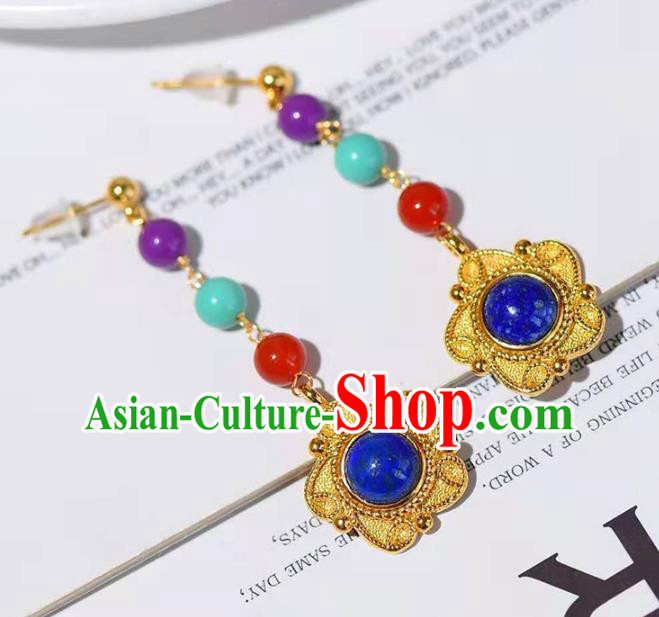 Handmade China Golden Ear National Jewelry Accessories Traditional Cheongsam Lapis Earrings Handmade China Golden Ear National Jewelry Accessories Traditional Cheongsam Lapis Earrings