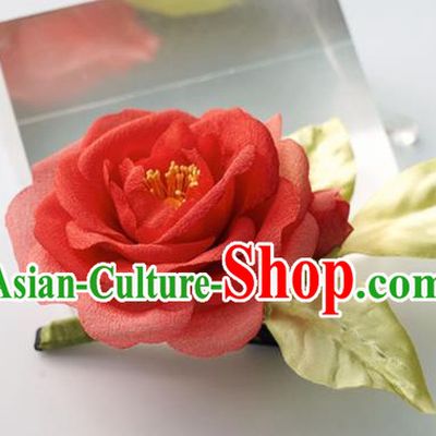 China Traditional Tang Dynasty Palace Lady Red Silk Camellia Hair Jewelry Handmade Hair Accessories Hairpin