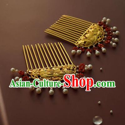 China Traditional Golden Mandarin Duck Hairpin Tang Dynasty Pearls Hair Comb Handmade Hair Accessories