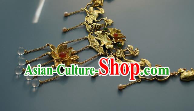 Chinese National Golden Lotus Necklace Handmade Min Dynasty Princess Jewelry Accessories Classical Necklet Chinese National Golden Lotus Necklace Handmade Min Dynasty Princess Jewelry Accessories Classical Necklet