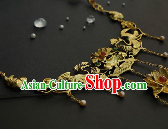 Chinese National Golden Lotus Necklace Handmade Min Dynasty Princess Jewelry Accessories Classical Necklet Chinese National Golden Lotus Necklace Handmade Min Dynasty Princess Jewelry Accessories Classical Necklet
