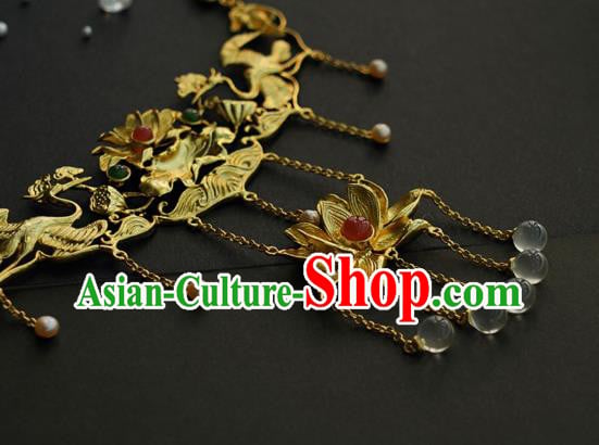 Chinese National Golden Lotus Necklace Handmade Min Dynasty Princess Jewelry Accessories Classical Necklet Chinese National Golden Lotus Necklace Handmade Min Dynasty Princess Jewelry Accessories Classical Necklet