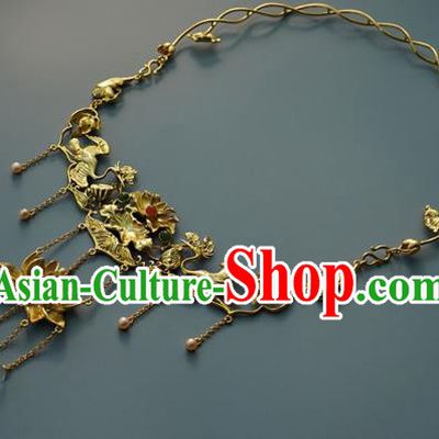 Chinese National Golden Lotus Necklace Handmade Min Dynasty Princess Jewelry Accessories Classical Necklet