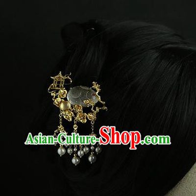 China Traditional Pearls Tassel Hair Stick Handmade Hair Accessories Ming Dynasty Chalcedony Rabbit Hairpin