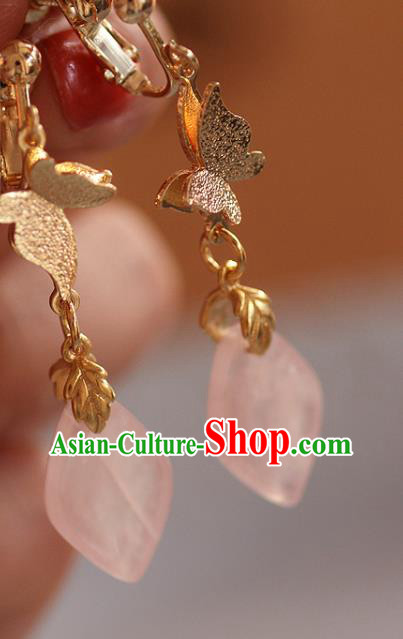 China Traditional Rose Quartz Ear Jewelry Accessories Handmade Cheongsam Golden Butterfly Earrings China Traditional Rose Quartz Ear Jewelry Accessories Handmade Cheongsam Golden Butterfly Earrings