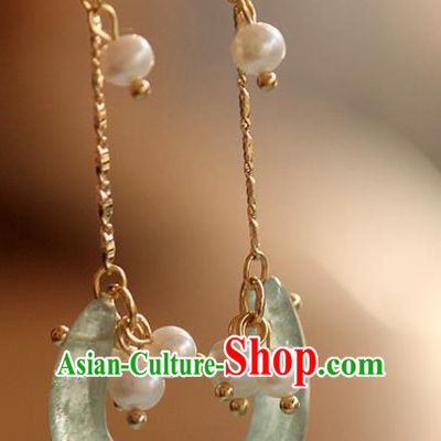 China Traditional Pearls Ear Jewelry Accessories Handmade Cheongsam Jade Moon Earrings