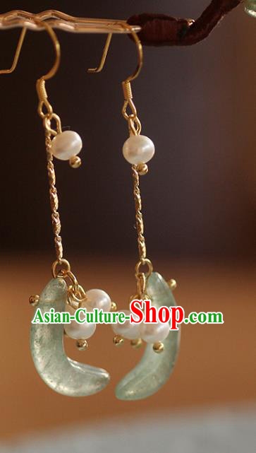 China Traditional Pearls Ear Jewelry Accessories Handmade Cheongsam Jade Moon Earrings China Traditional Pearls Ear Jewelry Accessories Handmade Cheongsam Jade Moon Earrings