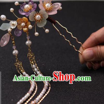 China Traditional Ming Dynasty Pearls Tassel Hairpin Handmade Hair Accessories Ancient Princess Plum Blossom Hair Stick