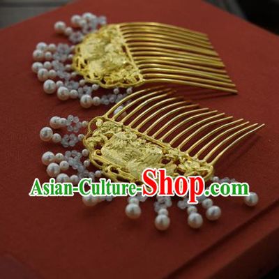 China Traditional Court Golden Hairpin Handmade Hair Accessories Ming Dynasty Pearls Tassel Hair Comb