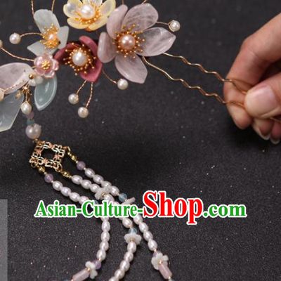 China Handmade Hairpin Ancient Princess Pearls Tassel Hair Stick Traditional Ming Dynasty Hair Accessories