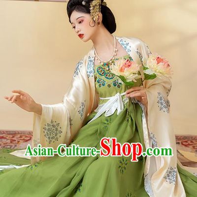 Traditional China Tang Dynasty Palace Beauty Historical Clothing Ancient Imperial Concubine Green Hanfu Costumes