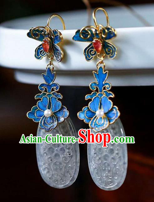 Handmade China Court Jade Ear Jewelry Accessories Traditional National Cheongsam Blueing Peony Earrings Handmade China Court Jade Ear Jewelry Accessories Traditional National Cheongsam Blueing Peony Earrings