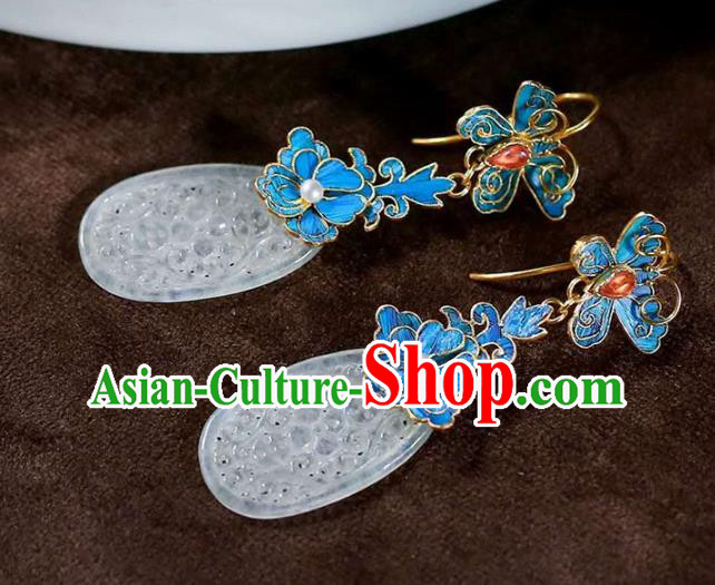 Handmade China Court Jade Ear Jewelry Accessories Traditional National Cheongsam Blueing Peony Earrings Handmade China Court Jade Ear Jewelry Accessories Traditional National Cheongsam Blueing Peony Earrings