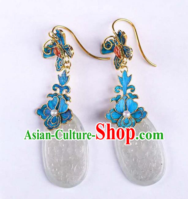 Handmade China Court Jade Ear Jewelry Accessories Traditional National Cheongsam Blueing Peony Earrings Handmade China Court Jade Ear Jewelry Accessories Traditional National Cheongsam Blueing Peony Earrings